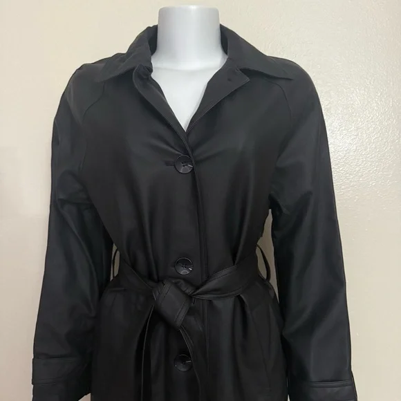 Black PU leather belted single breasted long trench coat - Picture 4 of 13